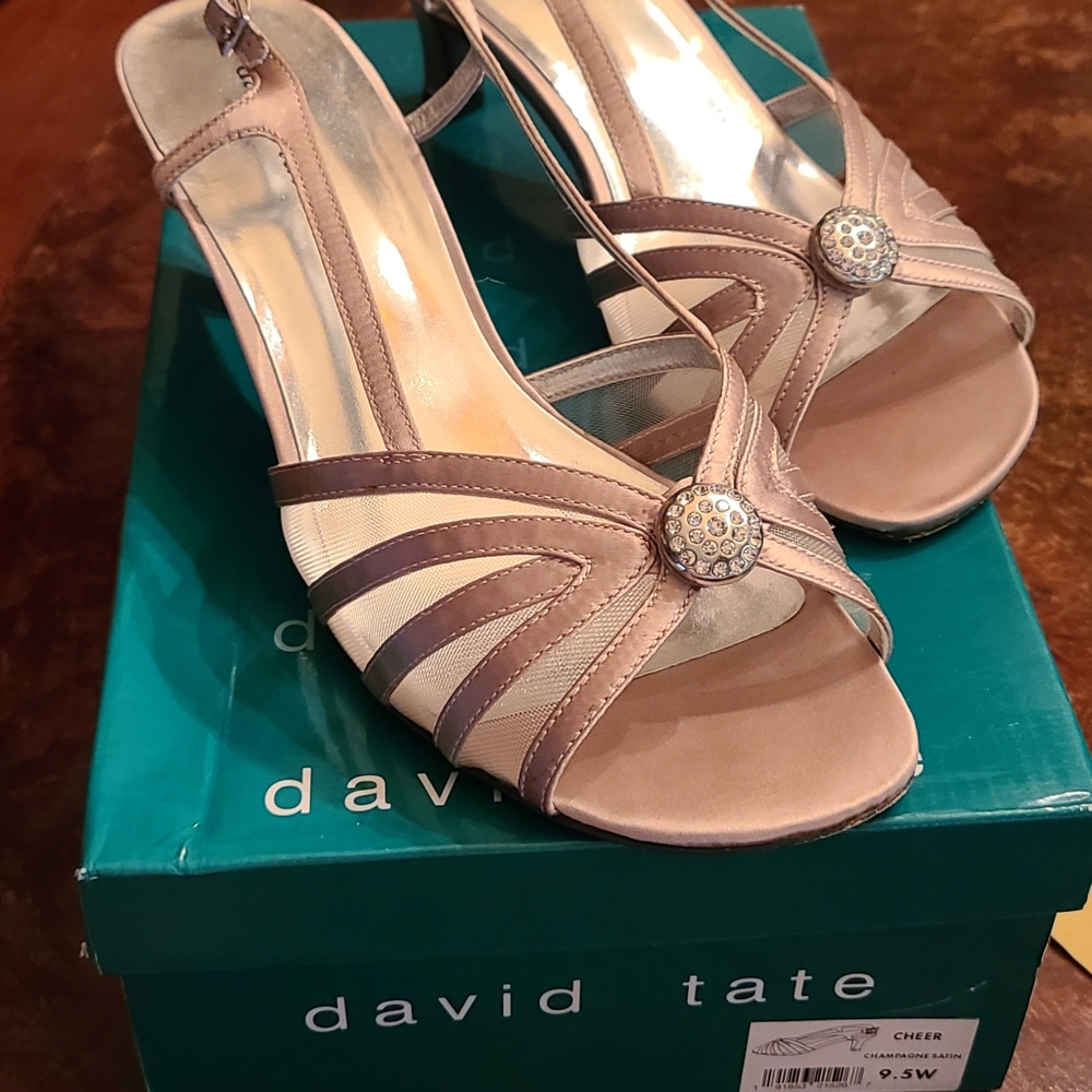 Champagne dress sandals, size 9.5W, 2" heels, David Tate "Cheer"